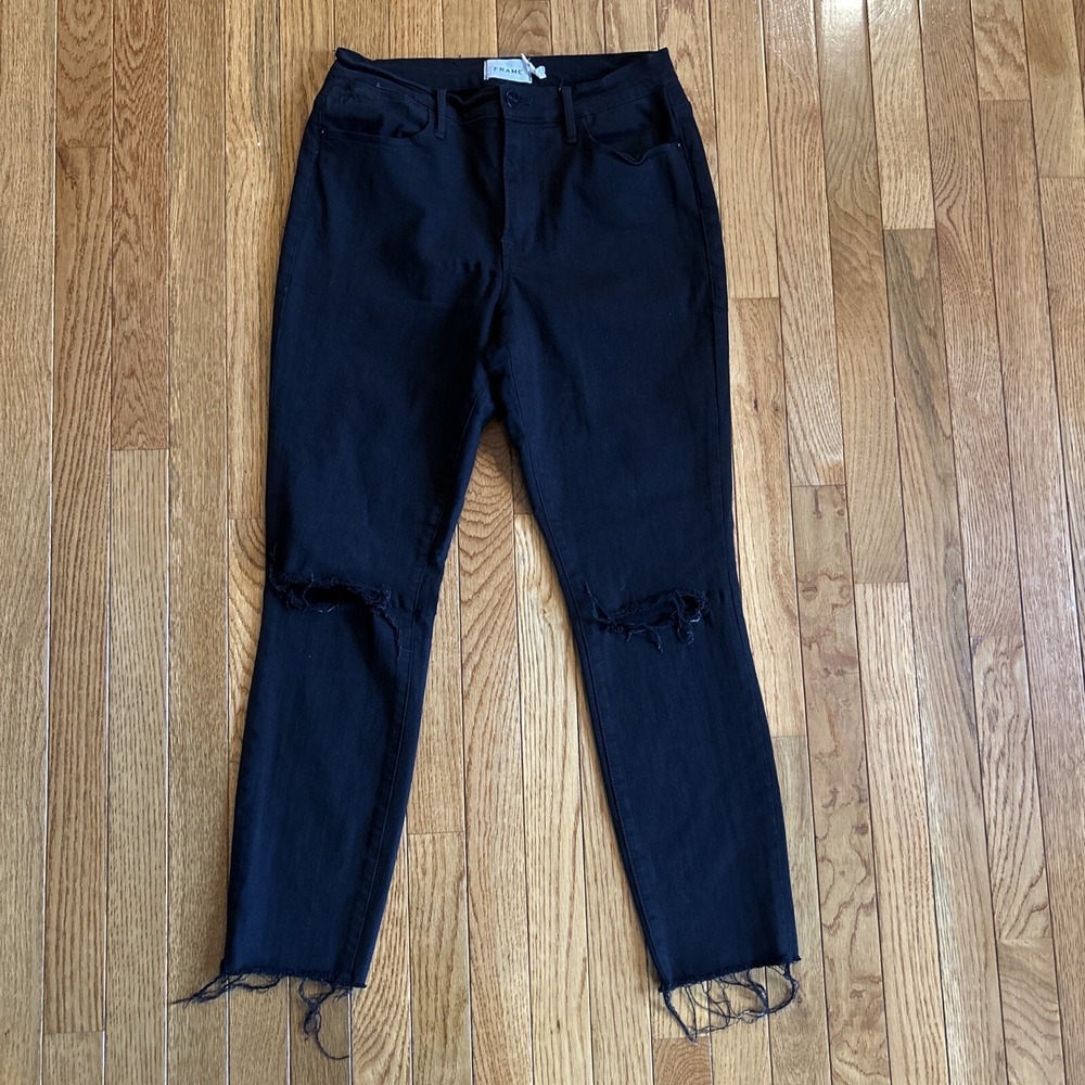 Frameโ Denim Jeans Womens 30 Black Denim Le High Skinny Crop Frayed